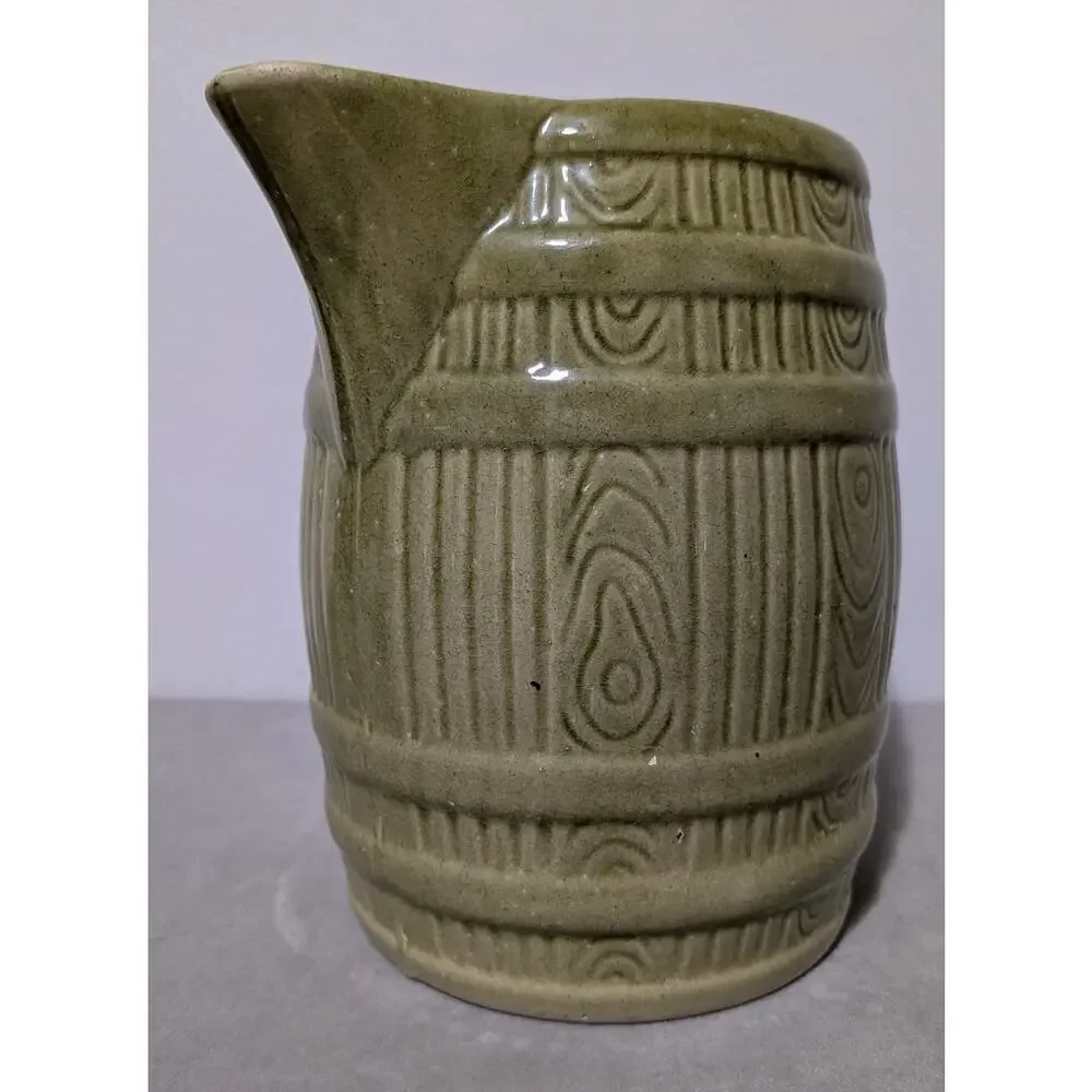 Vintage McCoy Pottery Green Barrel Pitcher Mid Century Stoneware Cider Jug 7.5